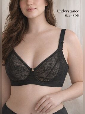 Understance Black Lace Underwire Bra Size 48DD Sheer Mesh Support sexy sheer